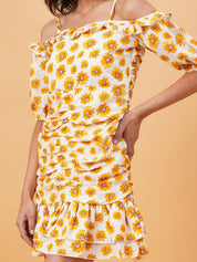 Kotty Polka Dot Printed Off-Shoulder Drop-Waist Dress