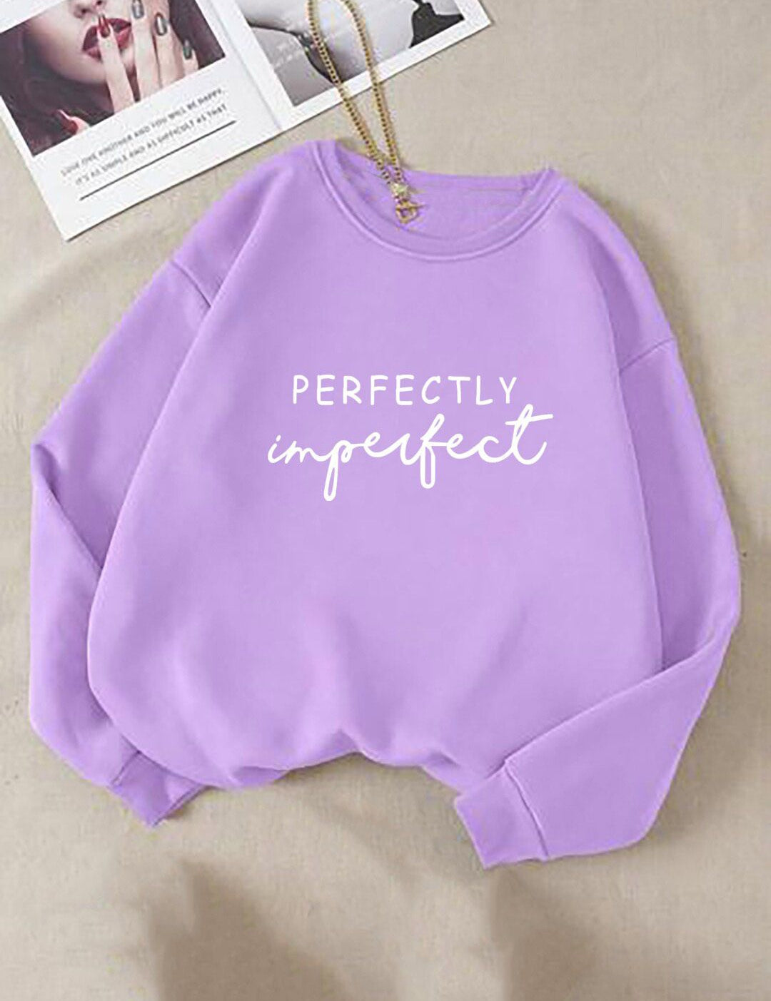 Kotty Typography Printed Round Neck Fleece Pullover