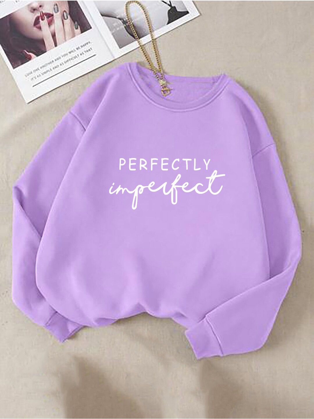 Kotty Typography Printed Round Neck Fleece Pullover