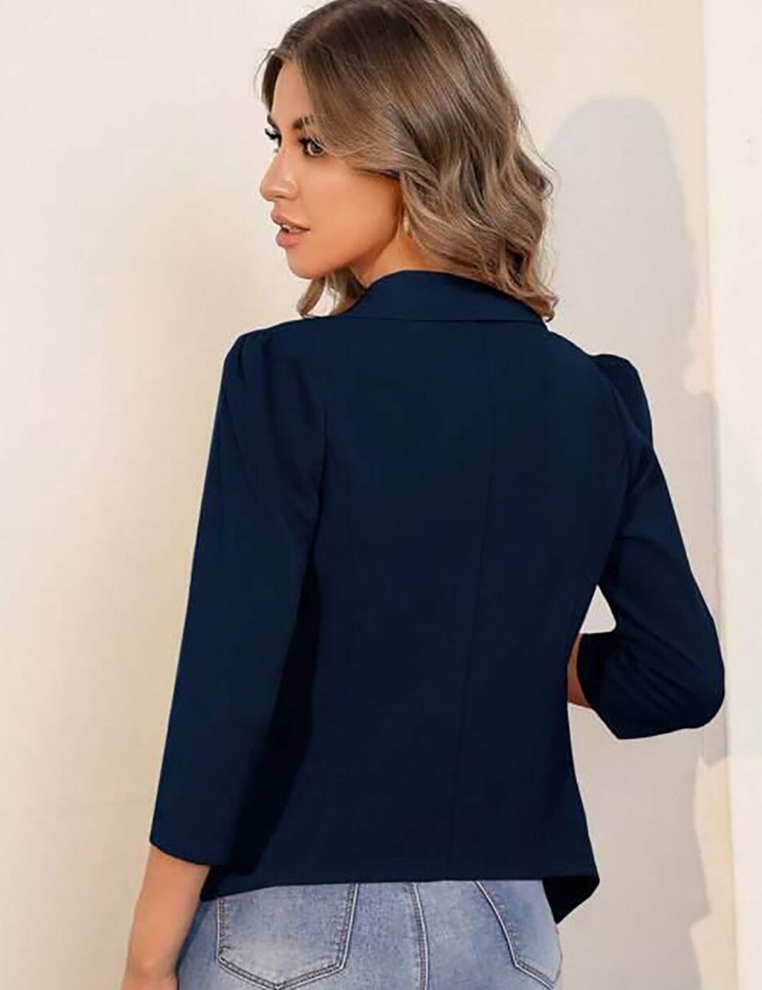 Kotty Navy Blue Shawl Collar Open Front Jacket
