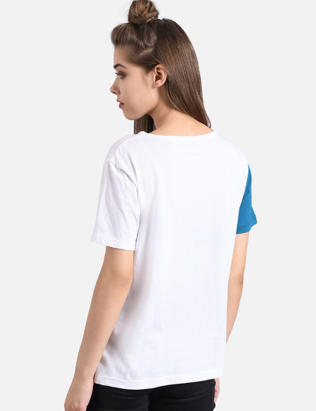 Kotty Women Navy Blue & Coral Pink Colourblocked Boat Neck T-shirt