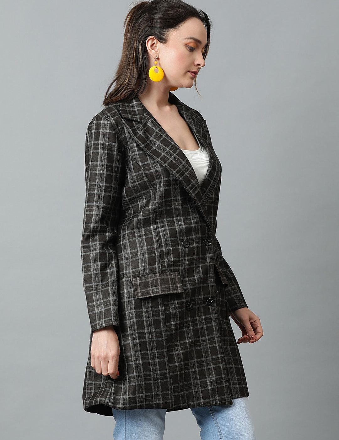 KOTTY BIZwear Grey Checked Double-Breasted Overcoat
