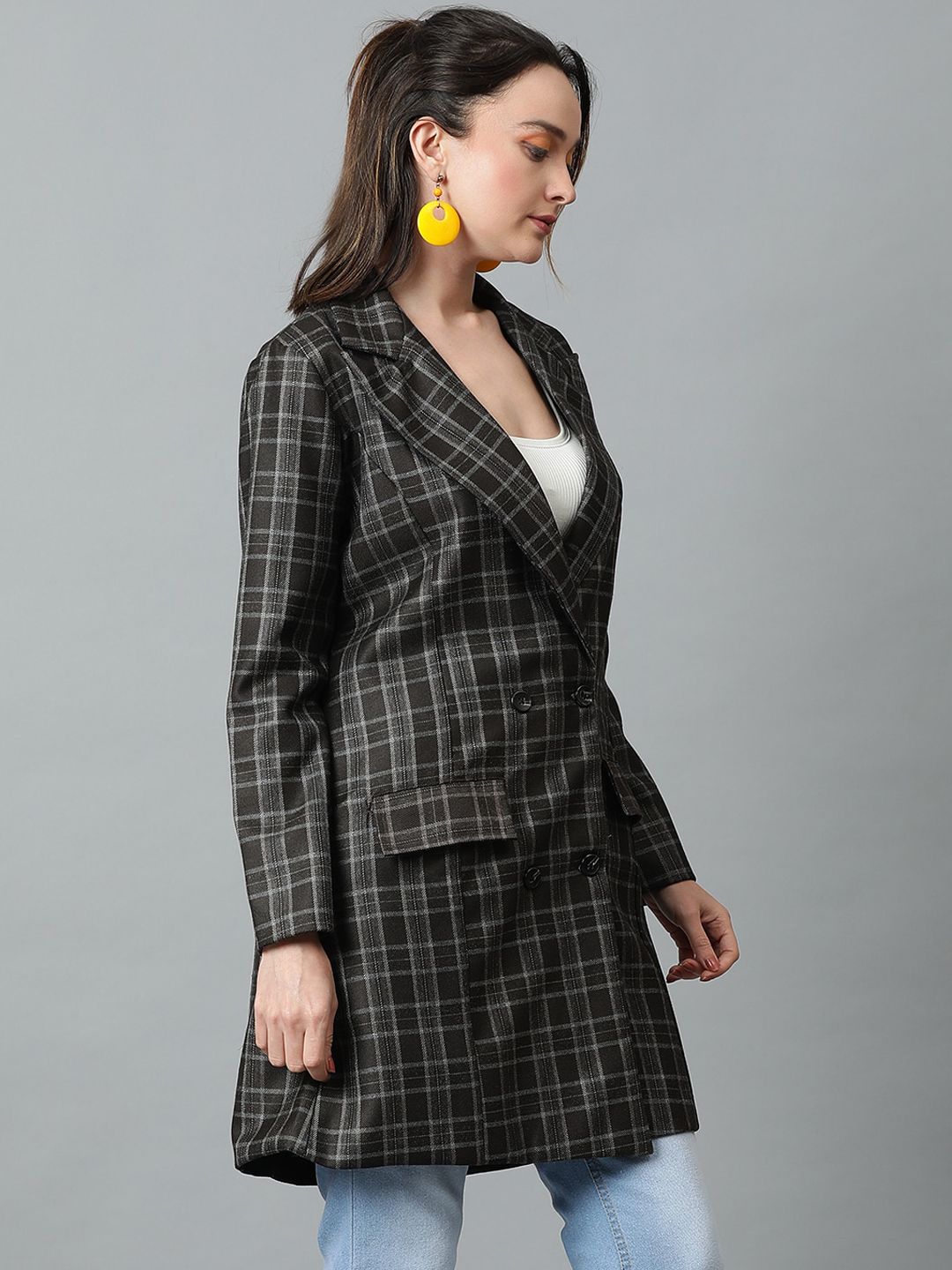 KOTTY BIZwear Grey Checked Double-Breasted Overcoat