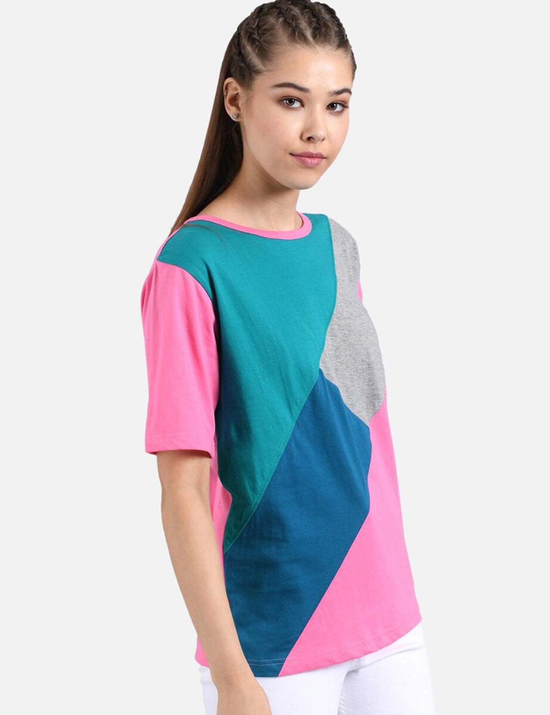 Kotty Women Blue & Pink Colourblocked Round Neck T-shirt