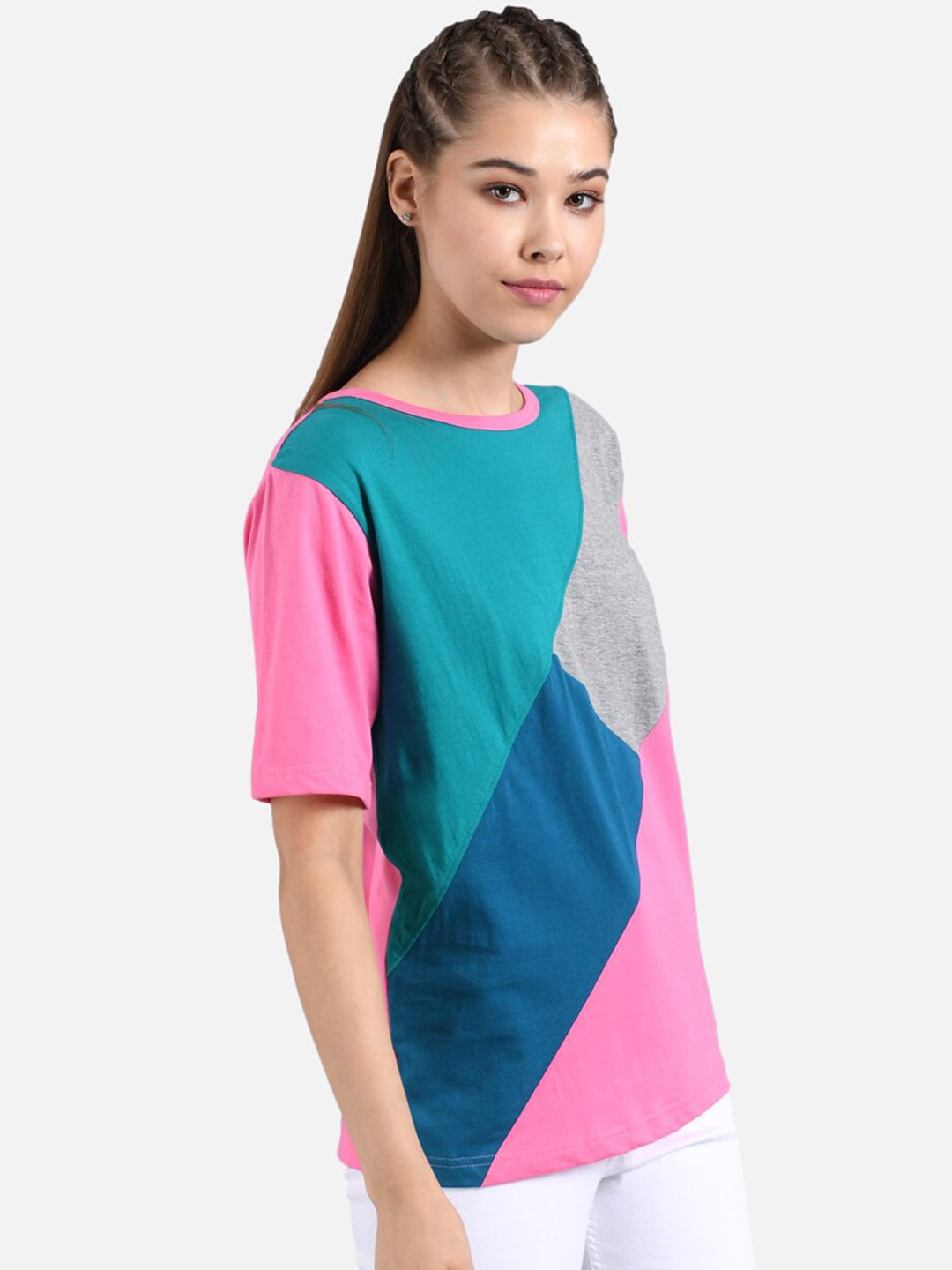 Kotty Women Blue & Pink Colourblocked Round Neck T-shirt