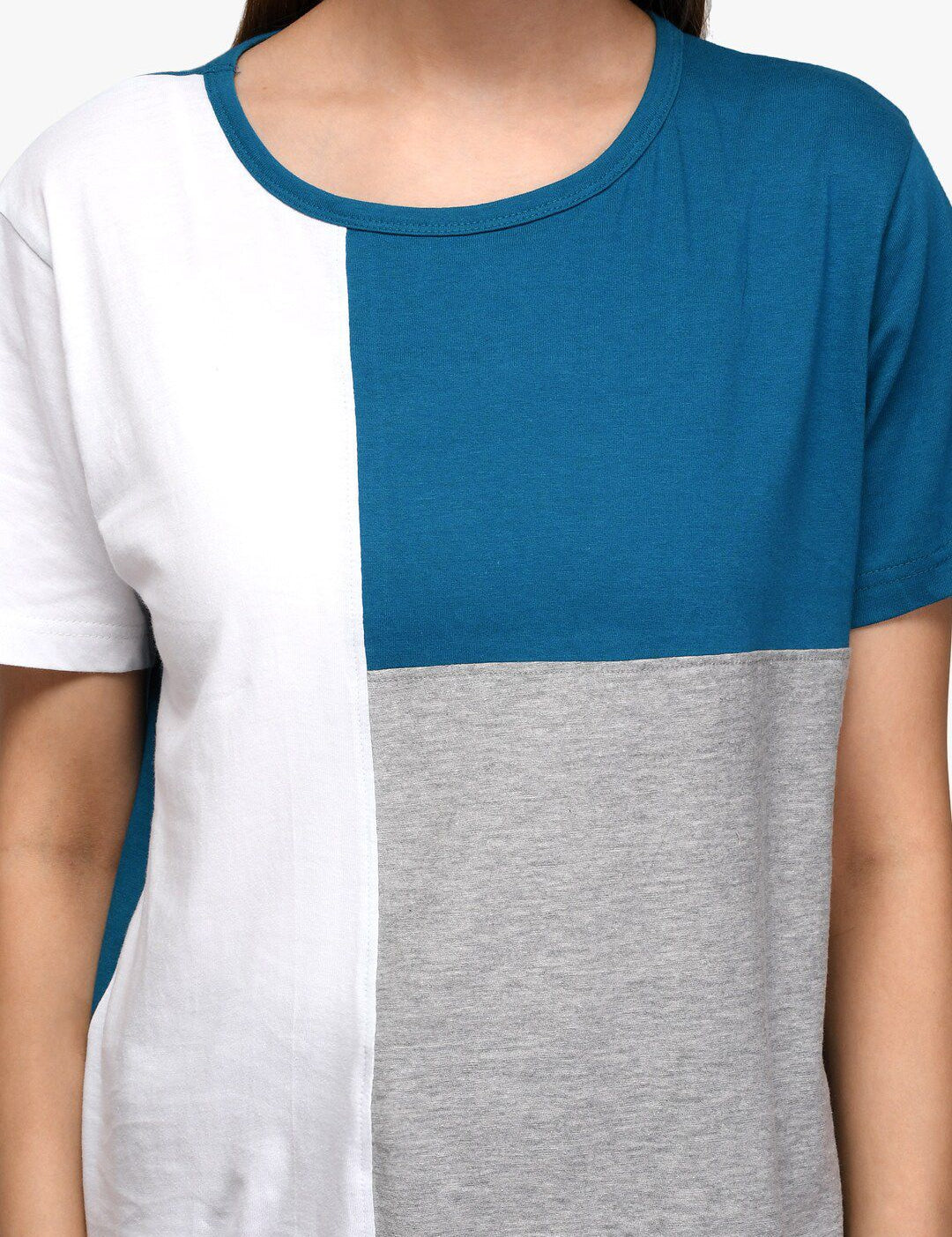 Kotty Women Blue & Grey Colourblocked Round Neck T-shirt