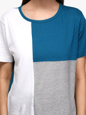 Kotty Women Blue & Grey Colourblocked Round Neck T-shirt