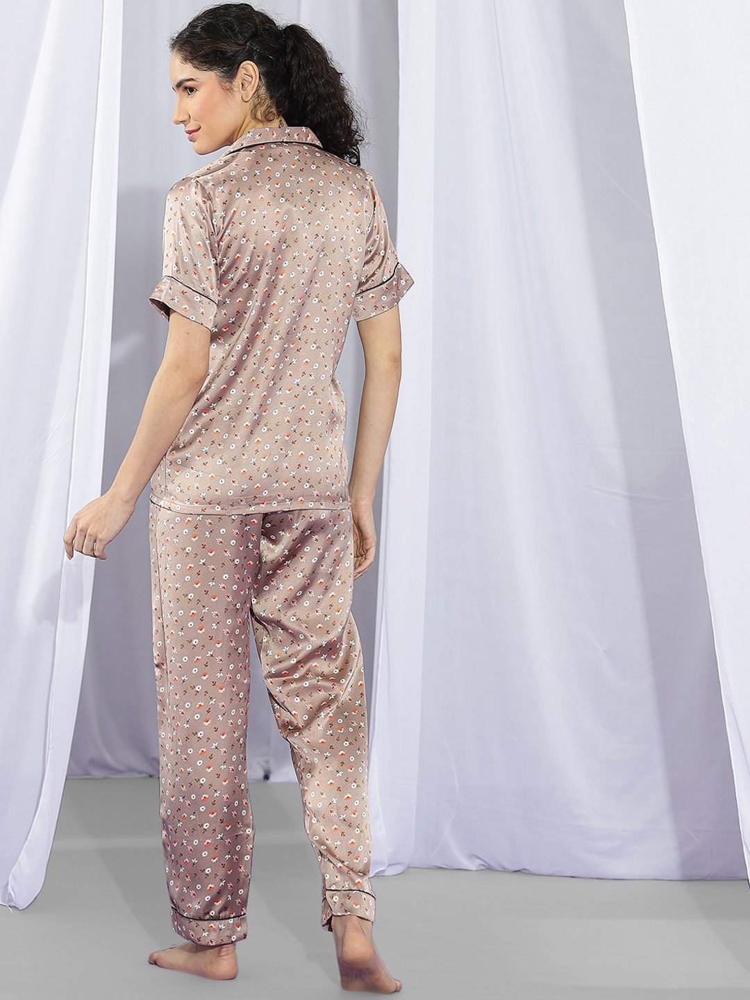 Kotty Brown & White Floral Printed Satin Night Suit