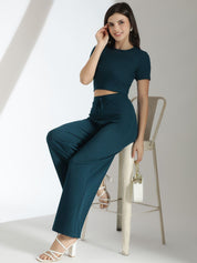 KOTTY Basics Teal Green Round Neck Top With Flared Trousers