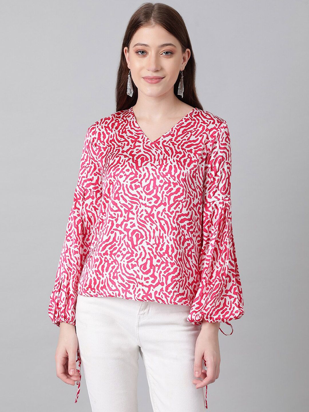 Kotty Red & White Animal Printed Puff Sleeve Satin Blouson Top
