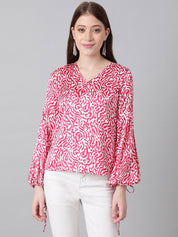 Kotty Red & White Animal Printed Puff Sleeve Satin Blouson Top