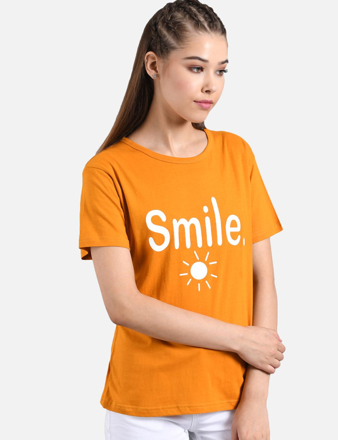 Kotty Women Orange & White Printed Round Neck T-shirt