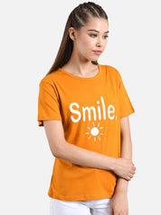 Kotty Women Orange & White Printed Round Neck T-shirt