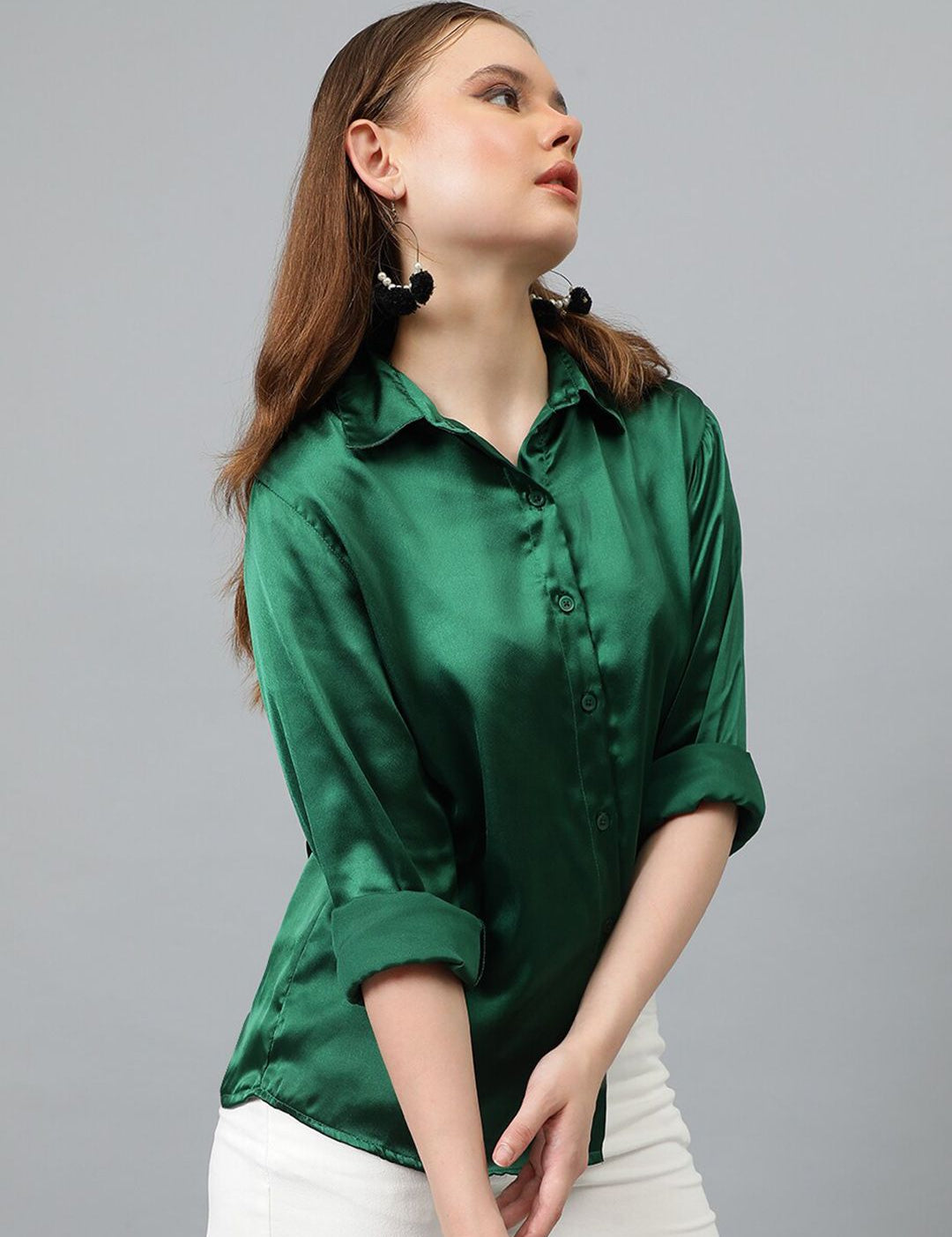 KOTTY BIZwear Green Relaxed Spread Collar Satin Casual Shirt
