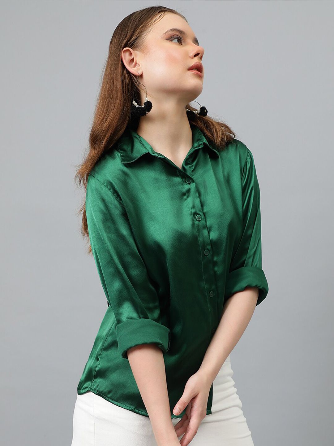 KOTTY BIZwear Green Relaxed Spread Collar Satin Casual Shirt