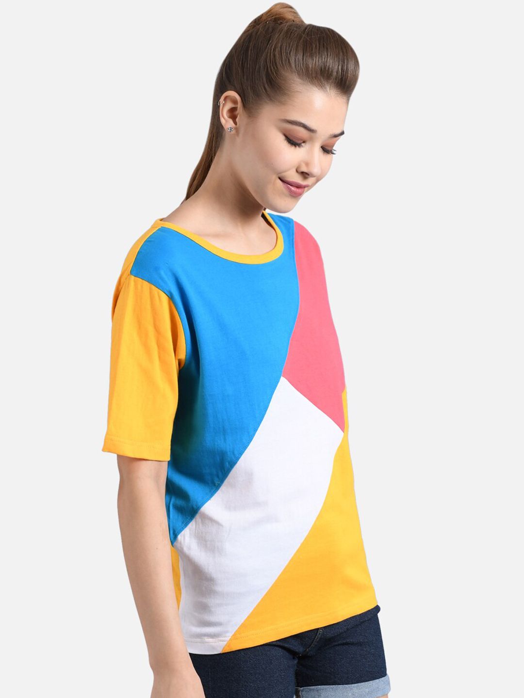 Kotty Women Yellow & Blue Colourblocked Round Neck T-shirt
