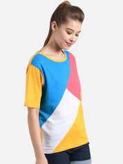 Kotty Women Yellow & Blue Colourblocked Round Neck T-shirt