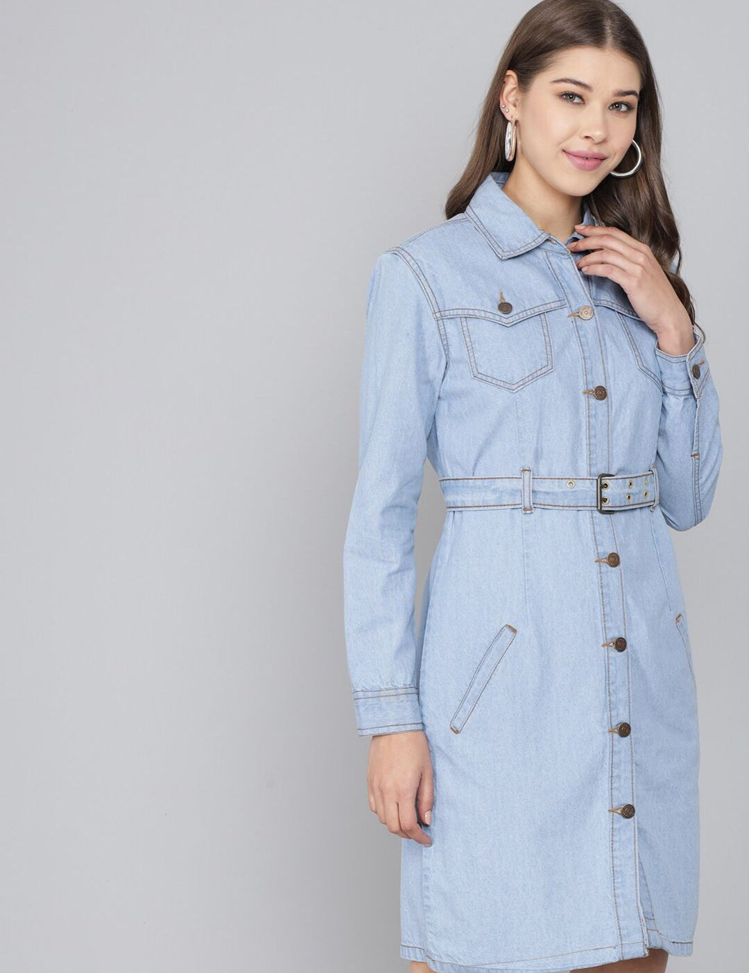 Kotty Women Blue Belted Pure Cotton Denim Shirt Dress
