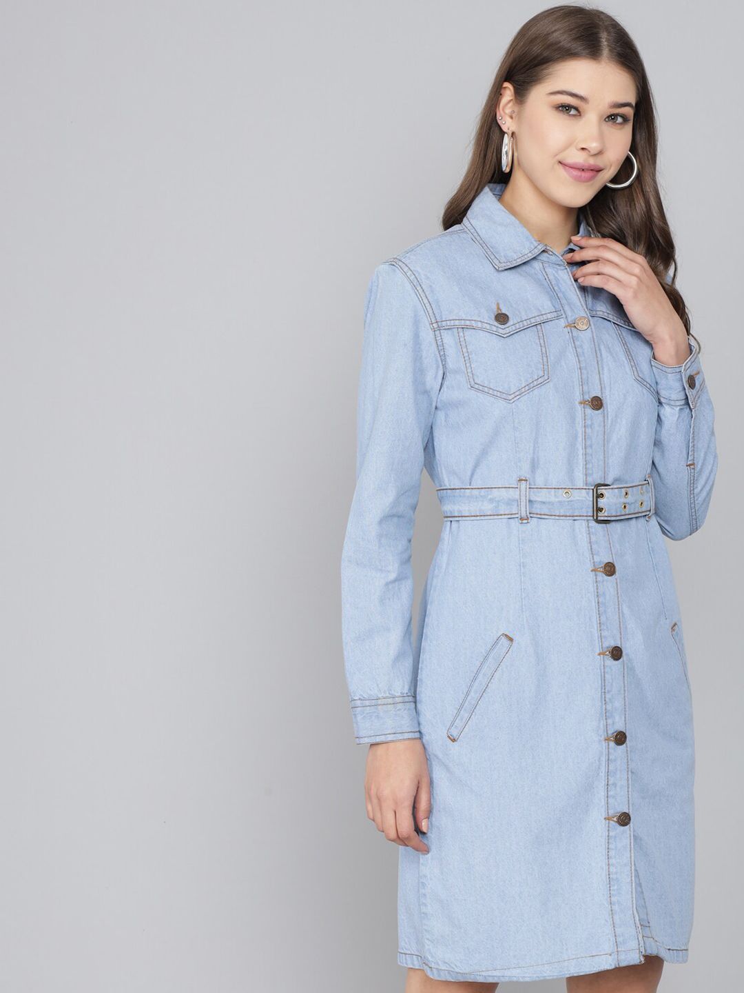 Kotty Women Blue Belted Pure Cotton Denim Shirt Dress