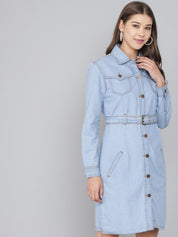 Kotty Women Blue Belted Pure Cotton Denim Shirt Dress