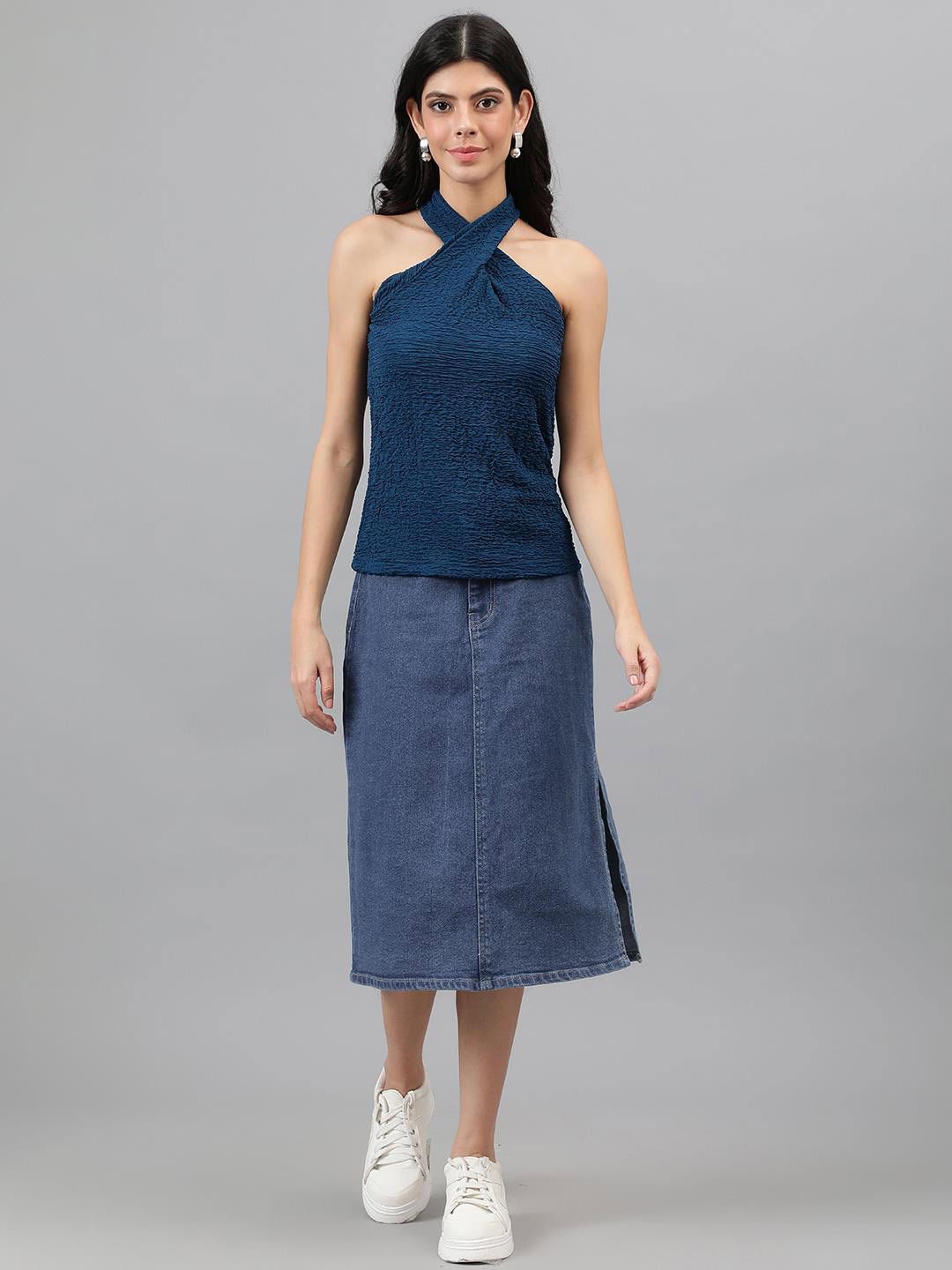 Kotty Blue Self Design Sleeveless Top