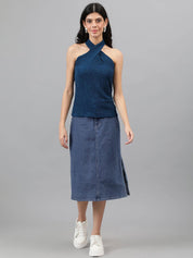 Kotty Blue Self Design Sleeveless Top