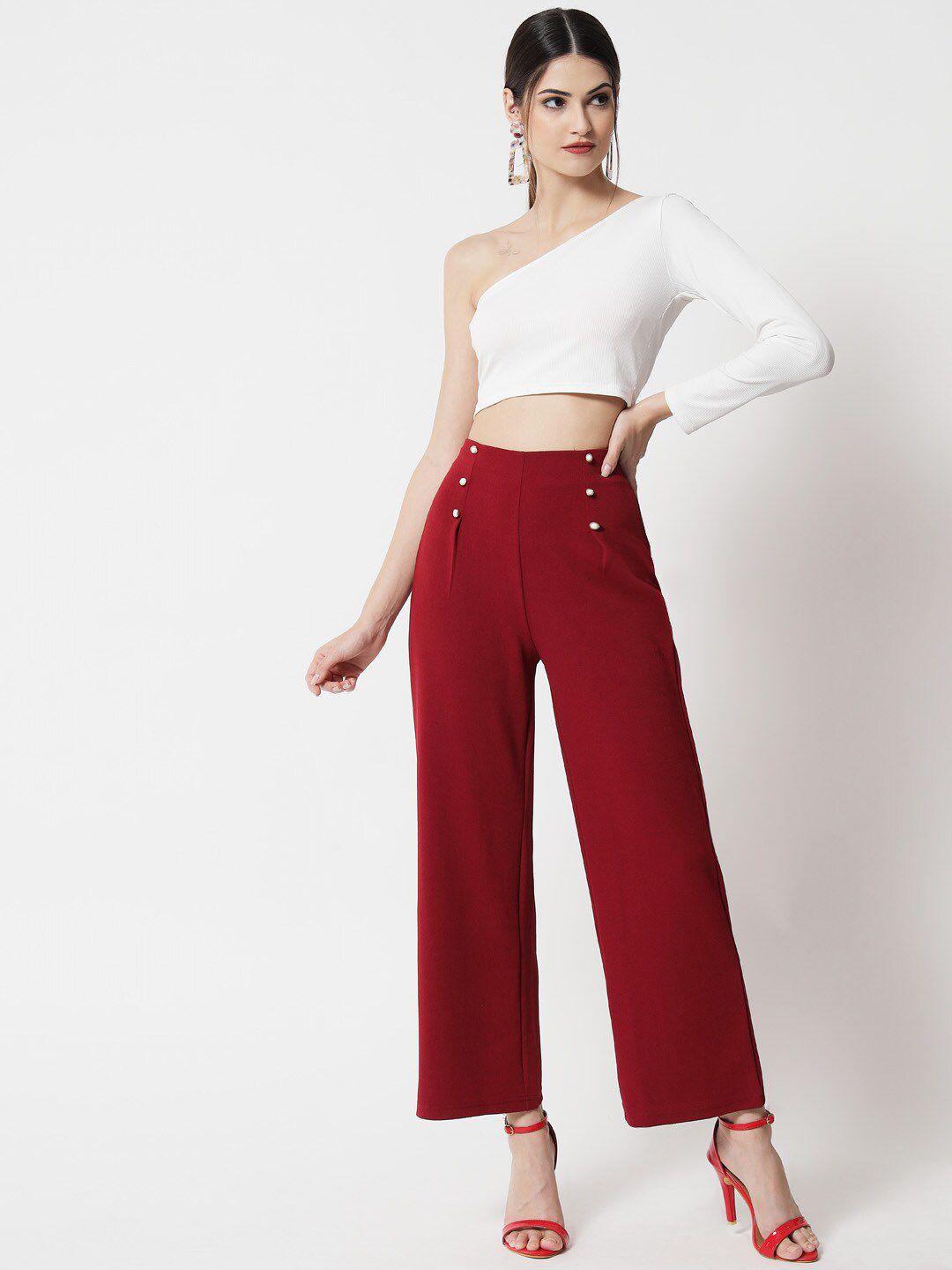 Kotty Women Maroon Relaxed Straight Fit High-Rise Easy Wash Trousers