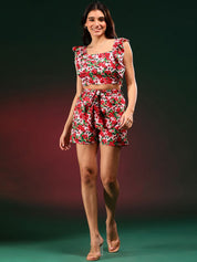 Kotty Red Floral Printed Square Neck Top & Shorts