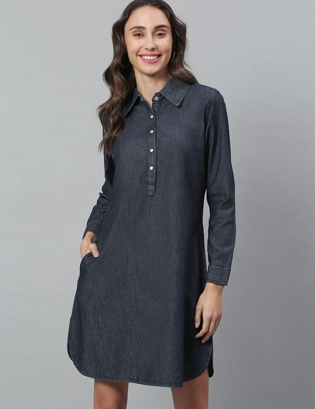 Kotty Women Blue Solid Denim Shirt Dress