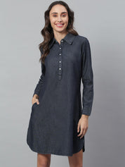 Kotty Women Blue Solid Denim Shirt Dress
