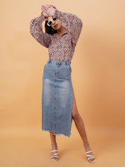 Kotty Pink & Brown Animal Printed Spread Collar Puff Sleeves Crepe Casual Shirt