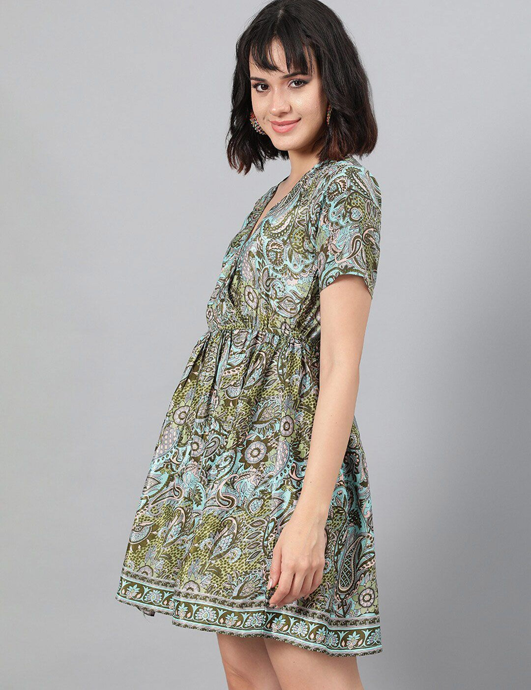 Kotty Green Ethnic Motif Printed Fit & Flare Mini Dress