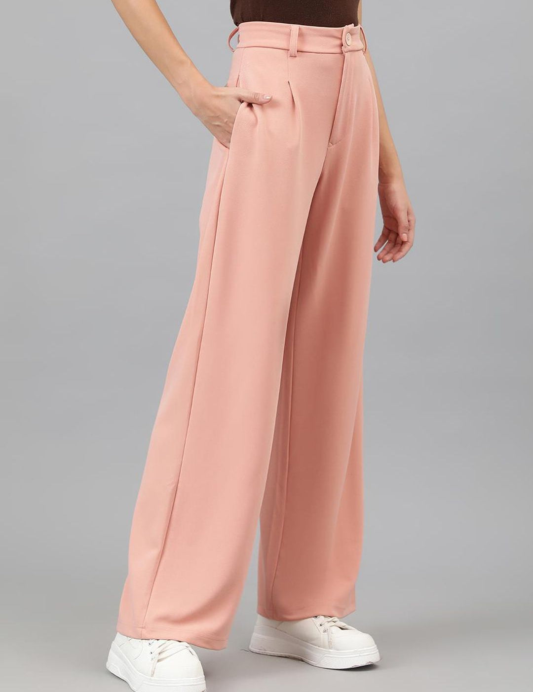 Kotty Women Pink Relaxed Straight Leg Straight Fit High-Rise Easy Wash Pleated Trousers