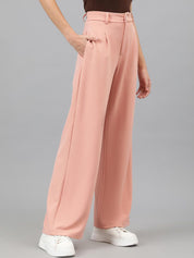 Kotty Women Pink Relaxed Straight Leg Straight Fit High-Rise Easy Wash Pleated Trousers