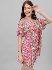 Kotty Pink & White Ethnic Motifs Printed Flared Sleeves Empire Mini Dress
