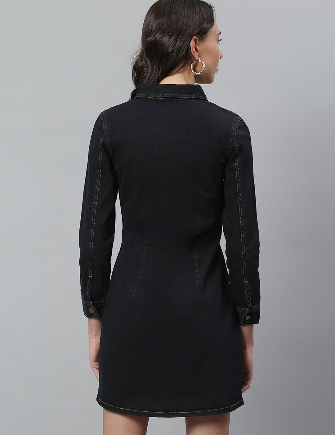 Kotty Women Black Solid Cotton Denim Shirt Dress