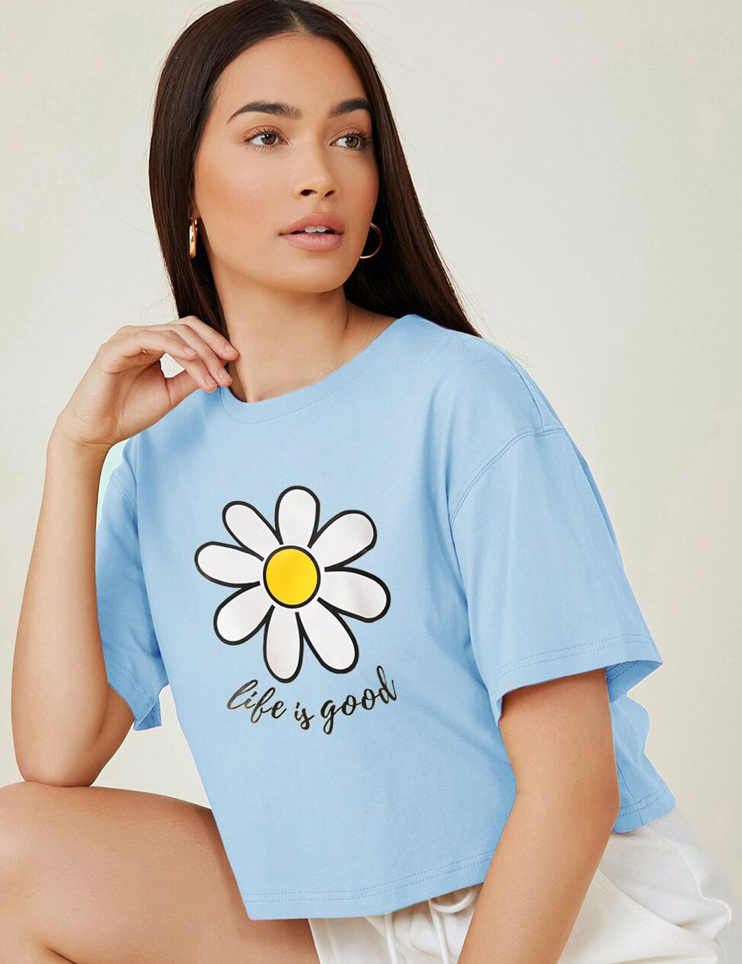 Kotty Round Neck  Drop-Shoulder Sleeves Graphic Printed Oversized Crop T-shirt