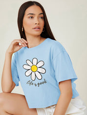 Kotty Round Neck  Drop-Shoulder Sleeves Graphic Printed Oversized Crop T-shirt