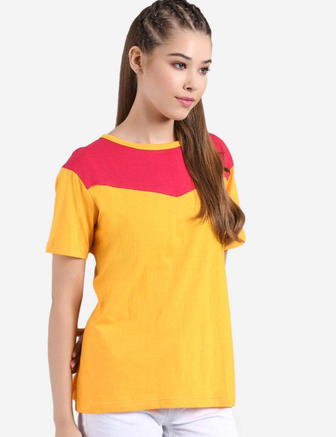 Kotty Women Mustard Yellow & Red Colourblocked Round Neck T-shirt