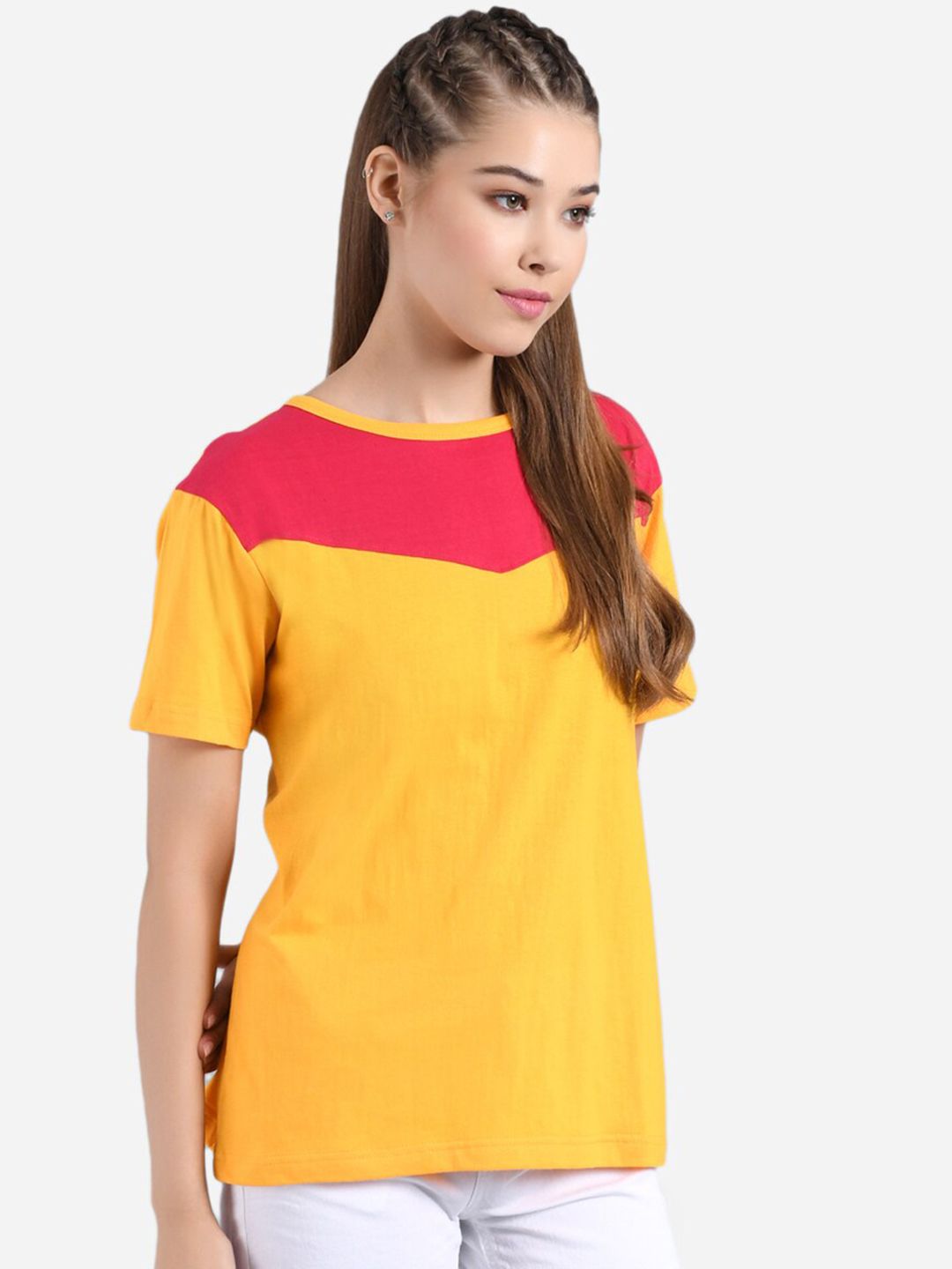 Kotty Women Mustard Yellow & Red Colourblocked Round Neck T-shirt