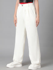 Kotty Women White Relaxed Straight Leg Straight Fit High-Rise Easy Wash Pleated Trousers