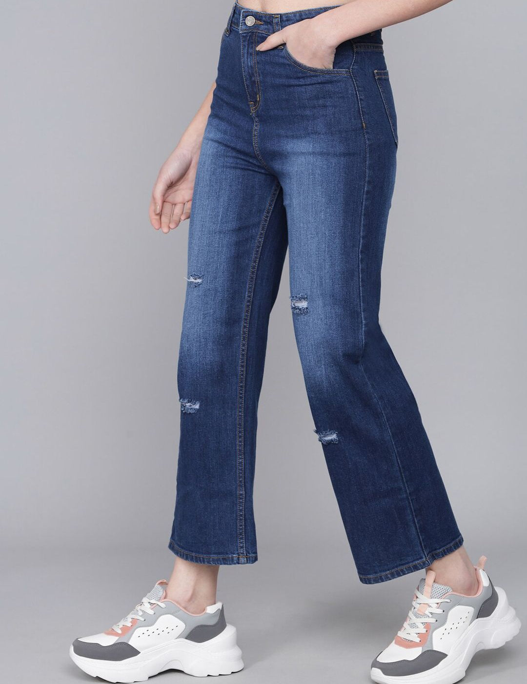 Kotty Women Blue Flared High-Rise Low Distress Light Fade Cropped  Jeans