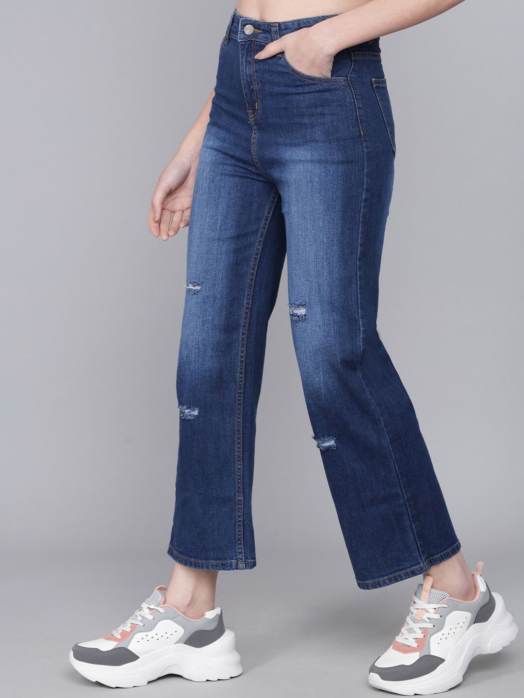 Kotty Women Blue Flared High-Rise Low Distress Light Fade Cropped  Jeans