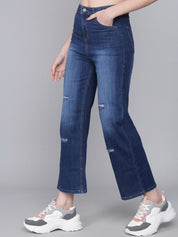 Kotty Women Blue Flared High-Rise Low Distress Light Fade Cropped  Jeans