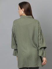 Kotty Women Spread Collar Vertical Striped Cotton Oversized Casual Shirt