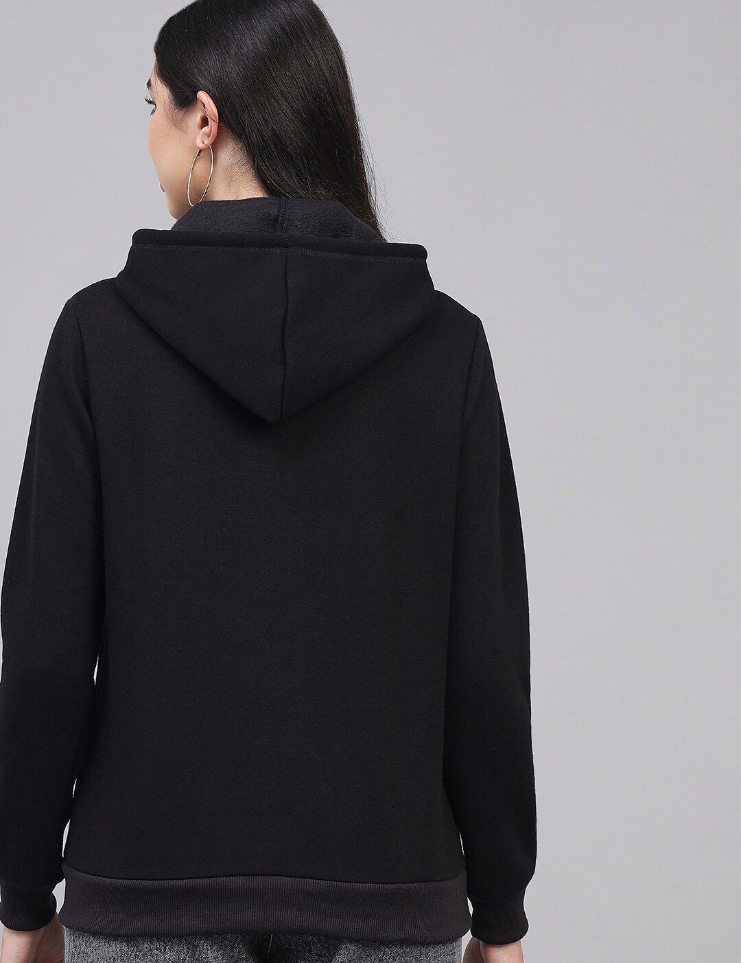 Kotty Women Black Printed Fleece Hooded Sweatshirt