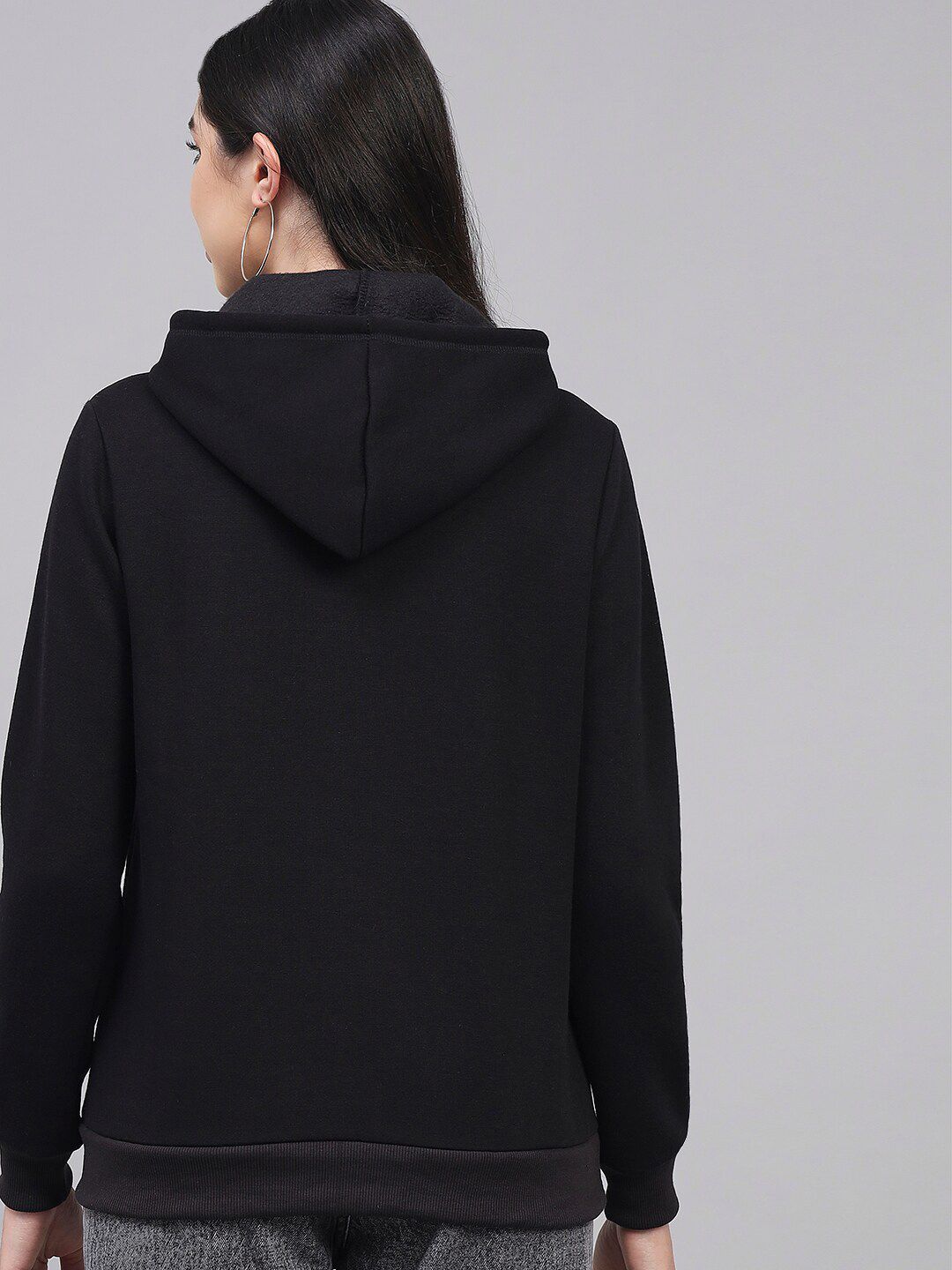 Kotty Women Black Printed Fleece Hooded Sweatshirt