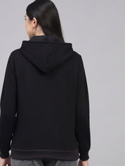 Kotty Women Black Printed Fleece Hooded Sweatshirt