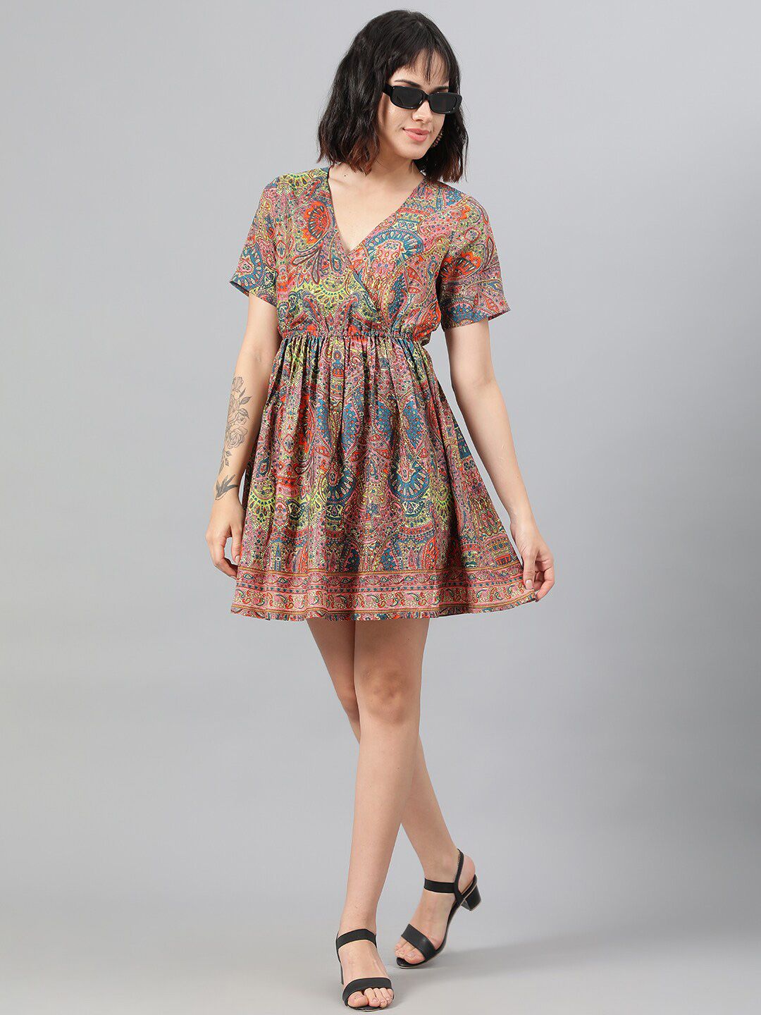 Kotty Pink Ethnic Motif Printed Fit & Flare Mini Dress