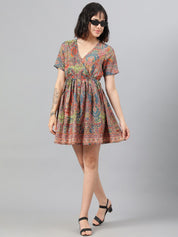 Kotty Pink Ethnic Motif Printed Fit & Flare Mini Dress